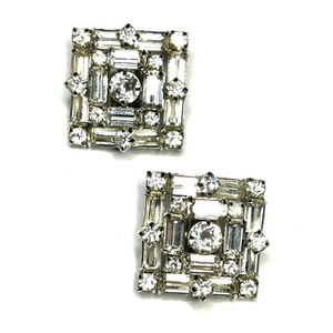 Clip Earrings Clear Rhinestone Silver Vtg Estate Jewelry Vintage N13